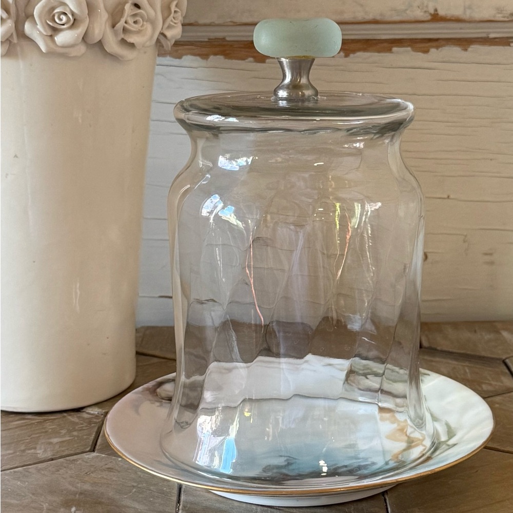 Coastal Seaglass Cloche w/ Antique Limoge Base, Hand Painted Seashells